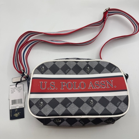 U.S. Polo Assn. Handbags - US Polo Assn Crossbody Bag Navy White Plaid Logo Strap Zipper Top New‎ w/ Tags